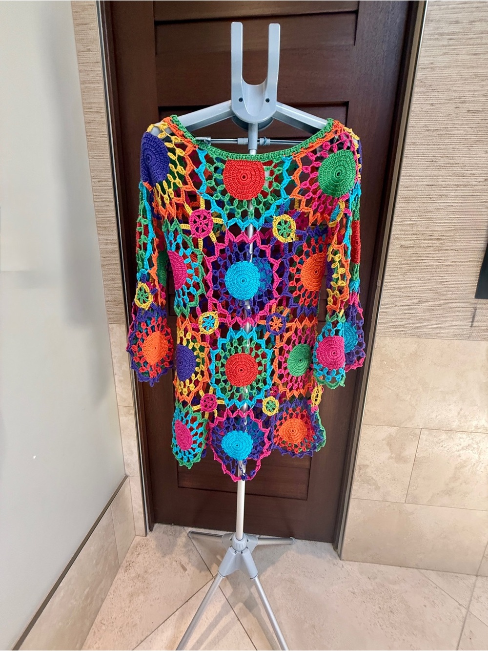 UNIF Rainbow Crochet Cover-Up Dress Festival Boho Beach Tunic Size S